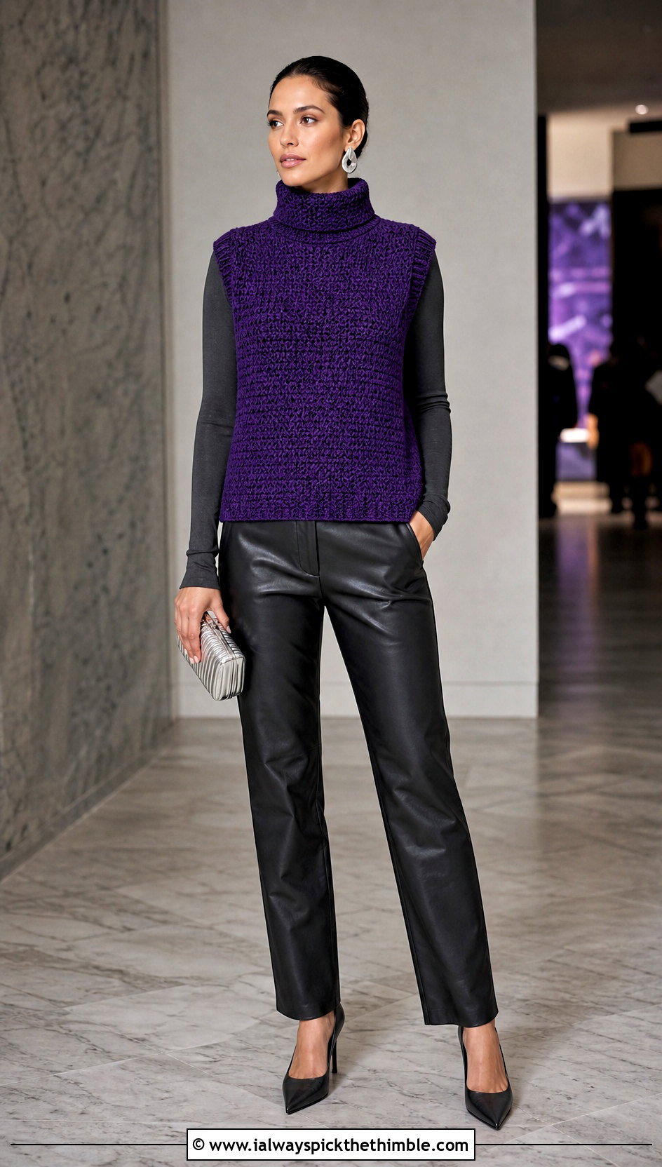 High Neck Crochet Sweater Vest With Leather Pants - 20 easy crochet sweater vest outfit ideas