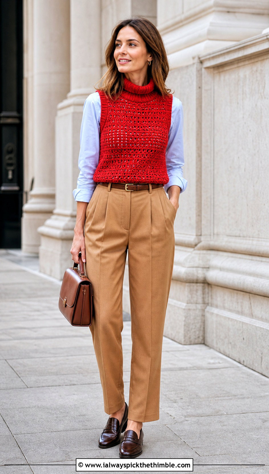 High Neck Crochet Sweater Vest With Pleated Trousers - 15 Crochet For Ladies Vests outfit ideas