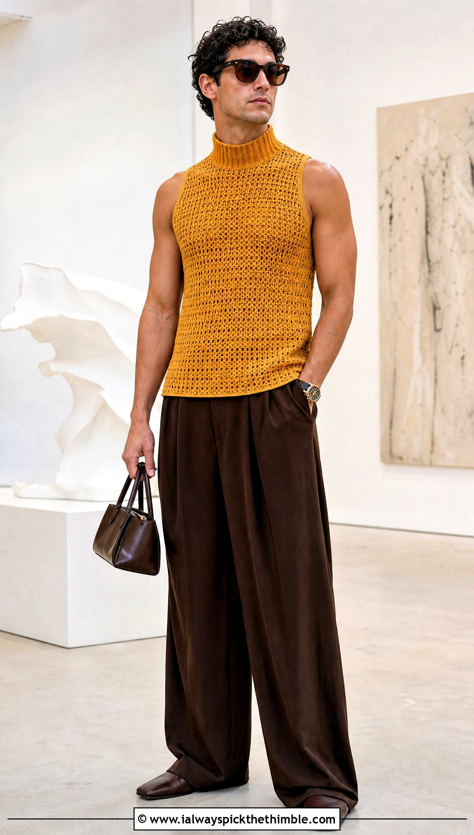 High Neck Crochet Tank Top With Wide Leg Pants - 20 Mens Crochet Tank Top outfit ideas