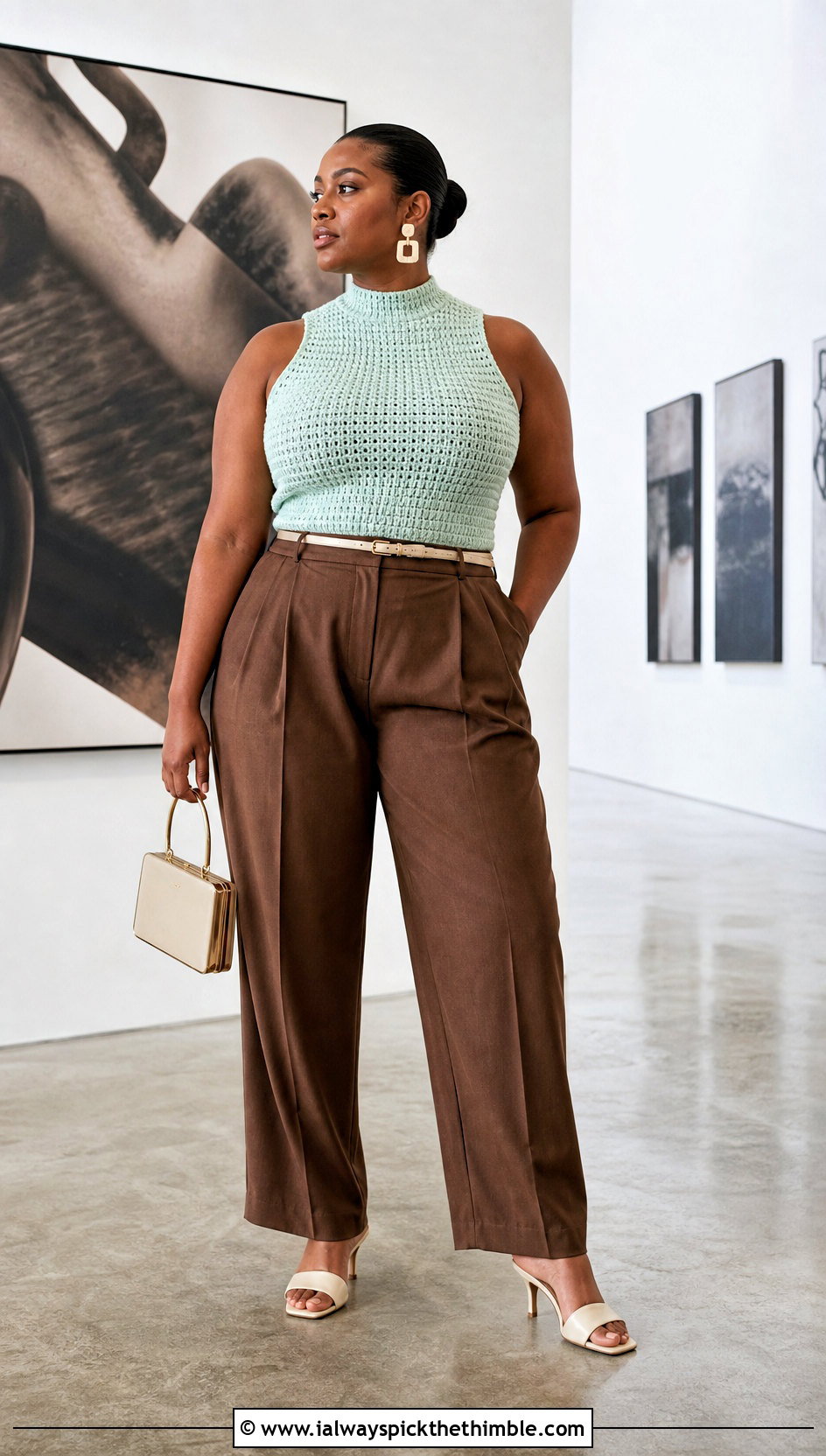 High Neck Crochet Tank With Pleated Trousers - 20 big bust crochet tops outfit ideas