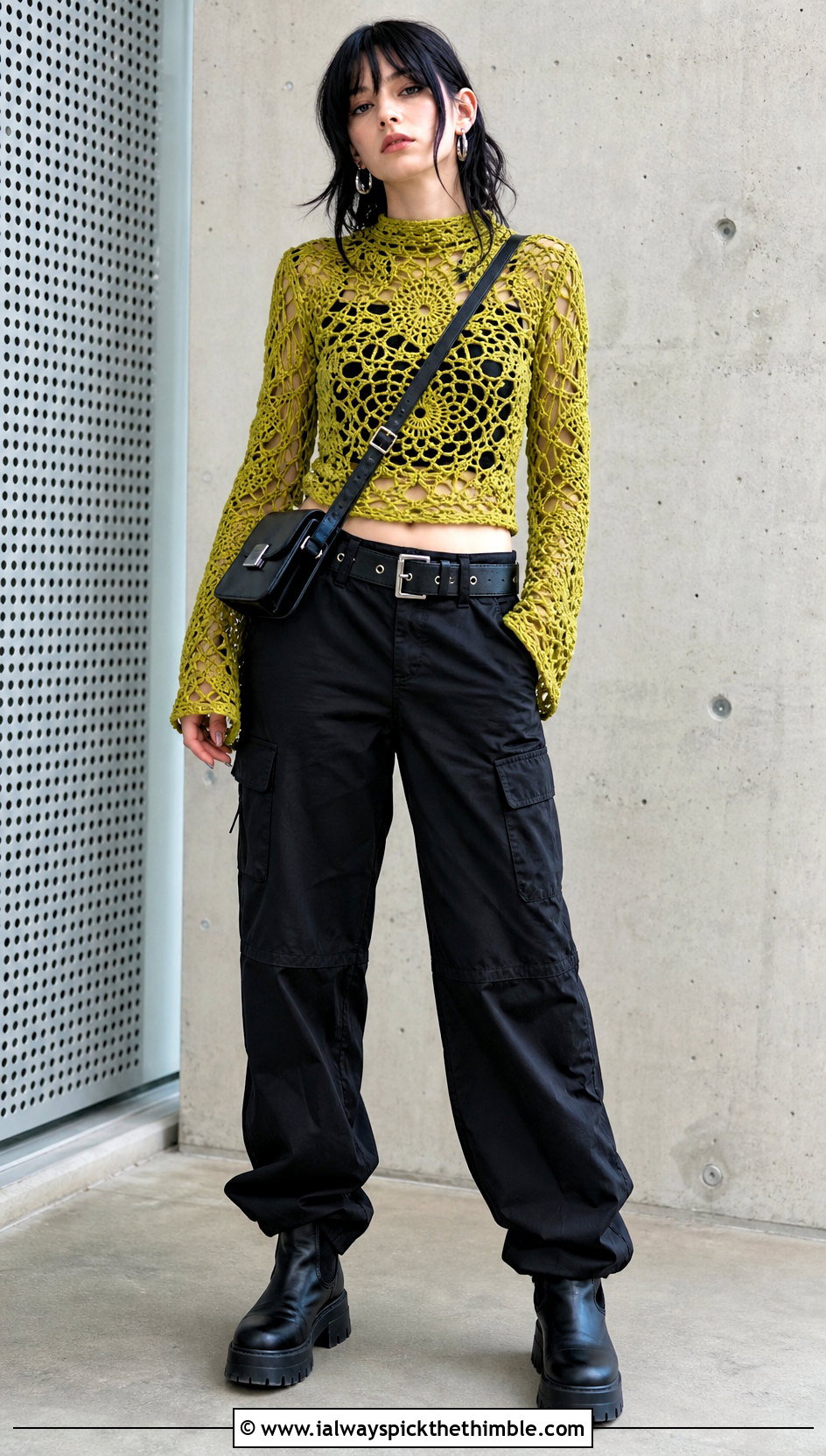 High Neck Crochet Top With Utility Pants - 20 emo crochet top outfit ideas