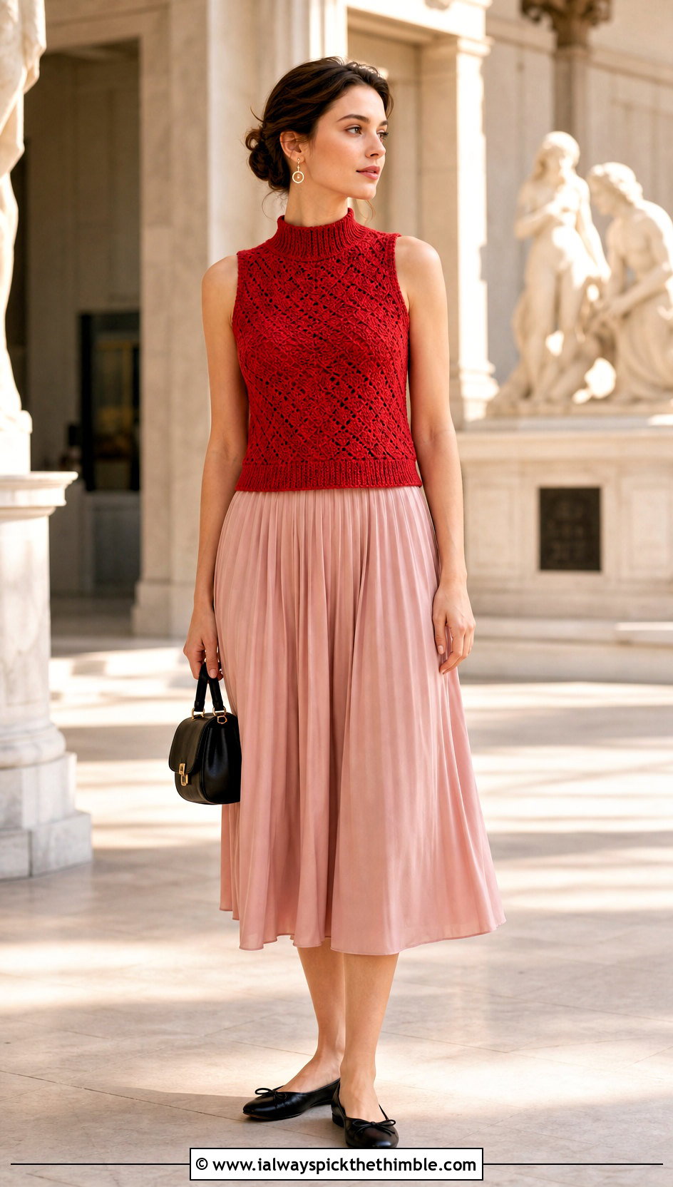 High Neck Crochet Vest With A Pleated Midi Skirt - 25 boho crochet vest outfit ideas