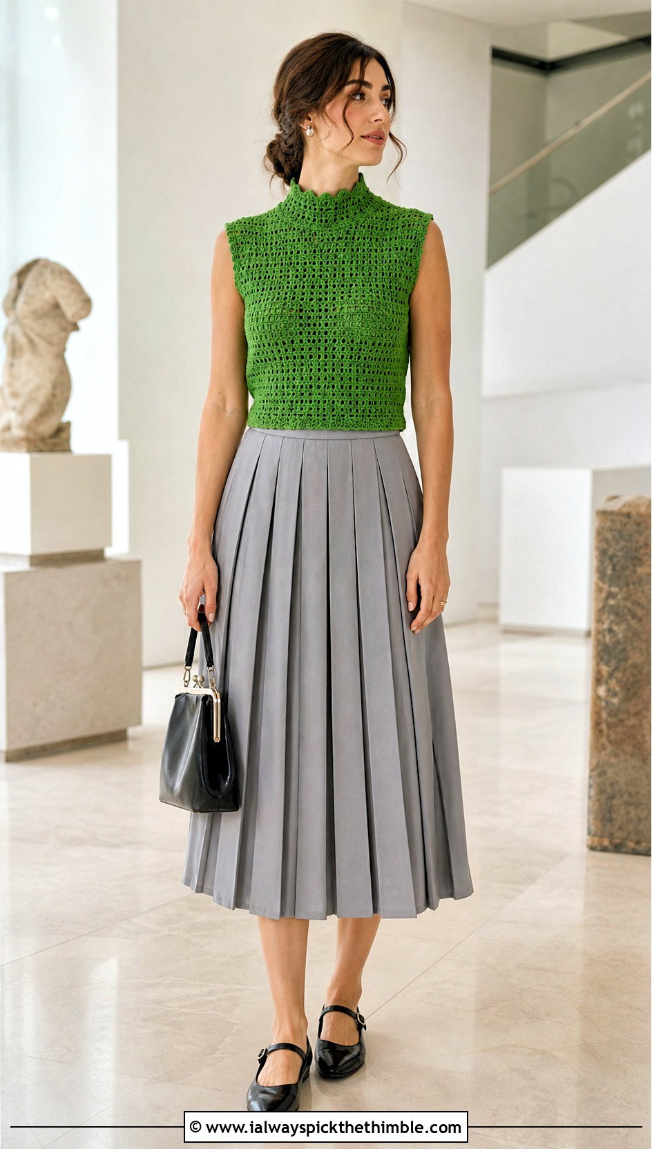 High Neck Crochet Vest With Pleated Midi Skirt - 25 crochet vests outfit ideas
