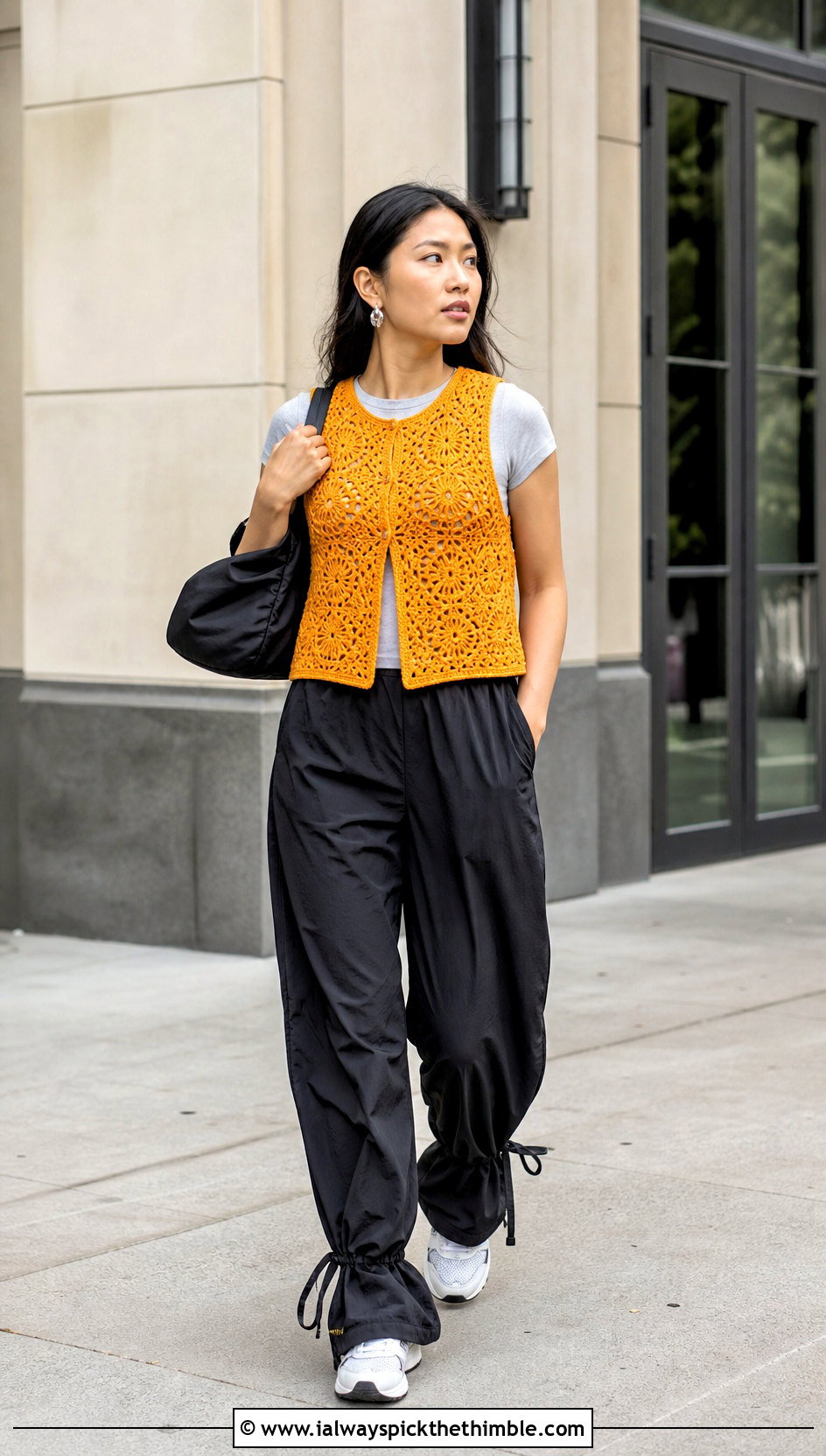High Neck Crochet Waistcoat With Parachute Pants - 25 crochet waist coat outfit ideas