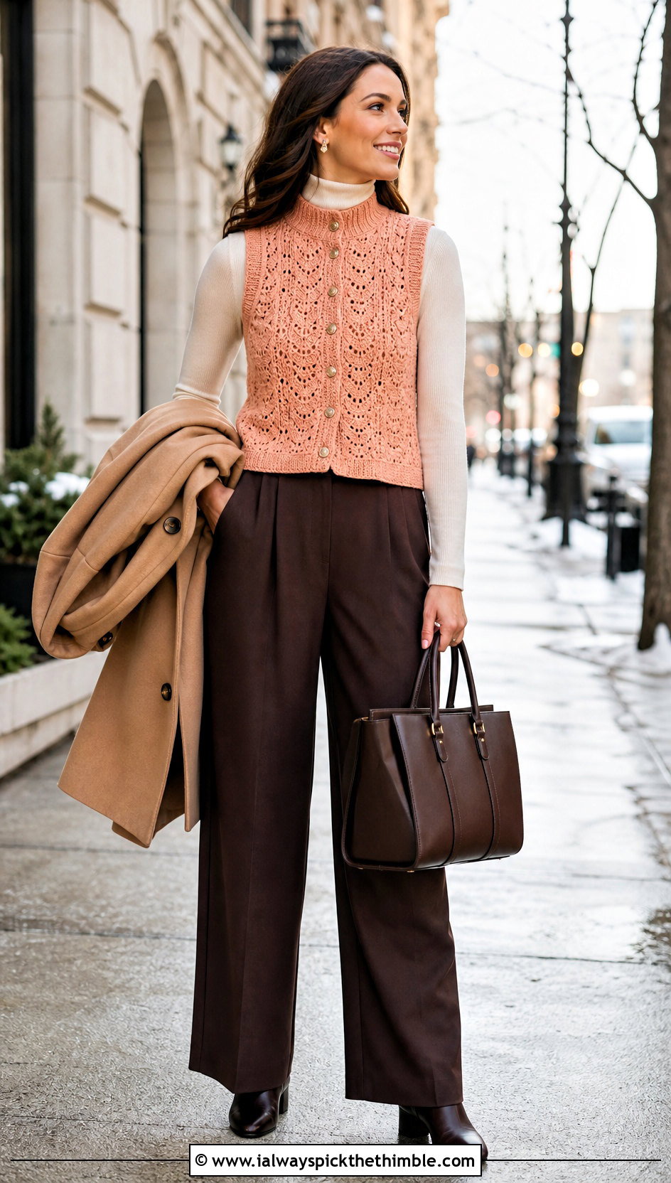 High Neck Crochet Waistcoat With Turtleneck And Trousers - 15 easy crochet waistcoat outfit ideas