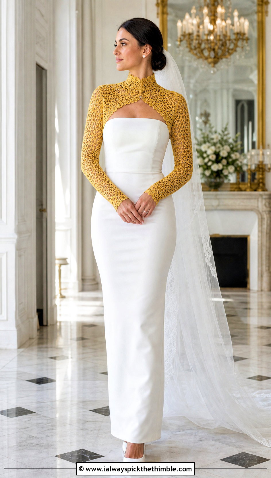 High Neck Crochet Wedding Bolero With Strapless Sheath Dress - 20 Crochet Wedding Bolero outfit ideas