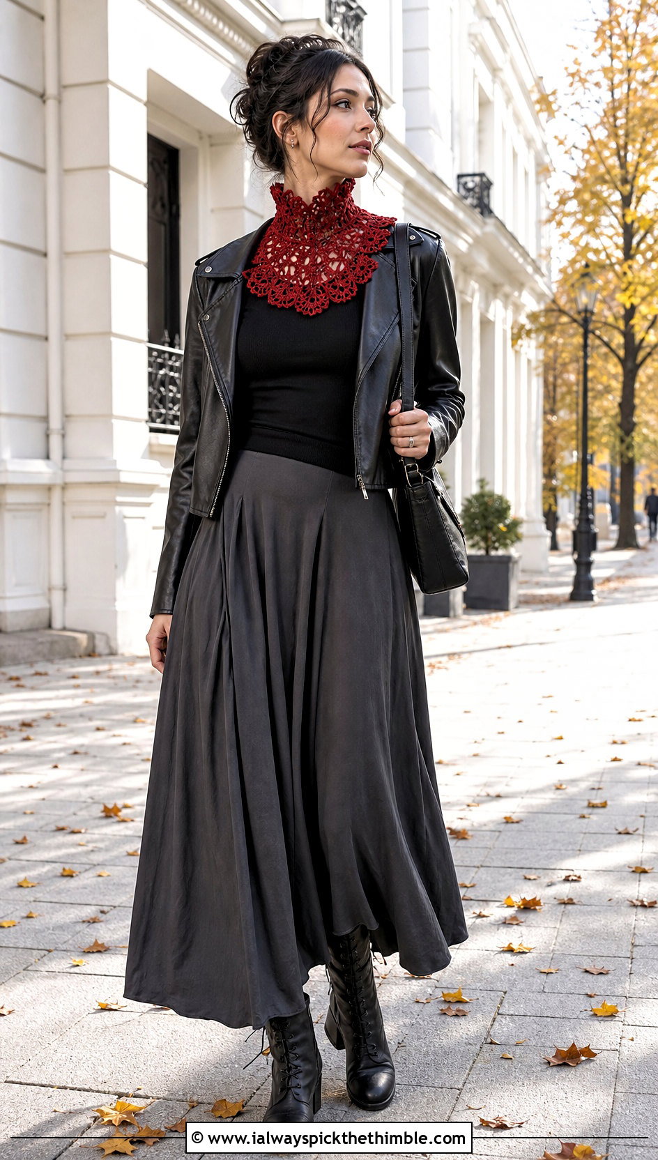 High Neck Crocheted Victorian Collar With Leather Jacket - 15 Crocheted Collars outfit ideas