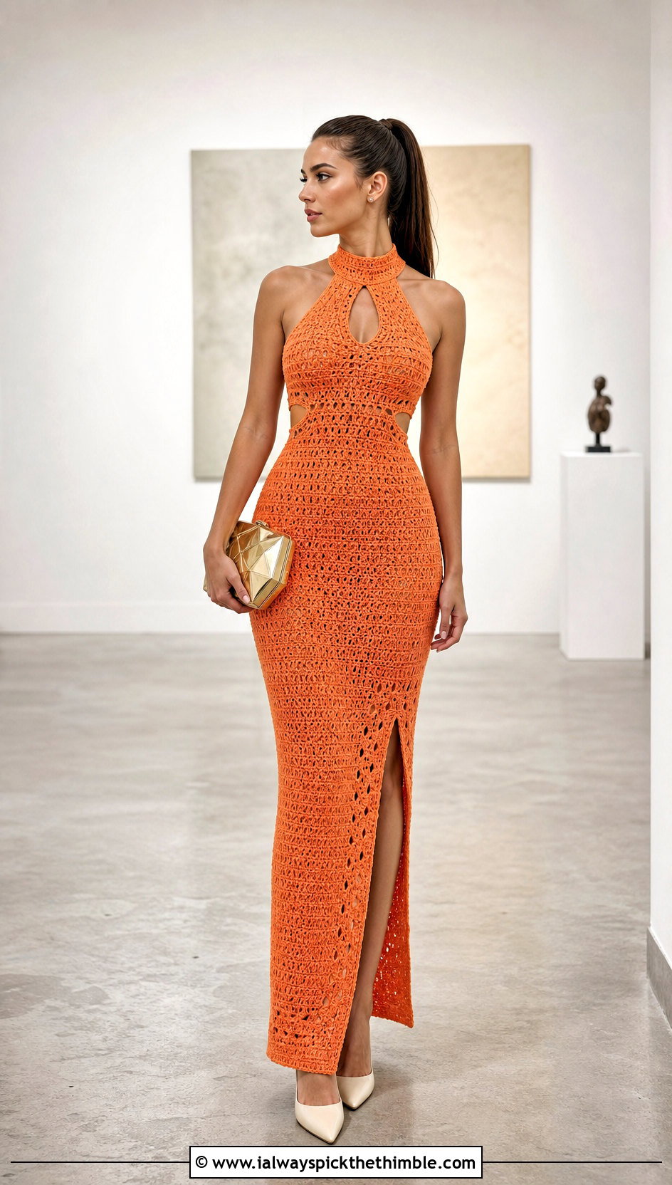High Neck Cutout Crochet Prom Dress With Minimal Jewelry - 20 Prom Crochet Dress outfit ideas