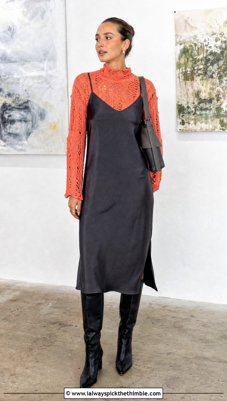 High Neck Distressed Crochet Top With A Slip Dress - 25 Distressed Crochet Top outfit ideas