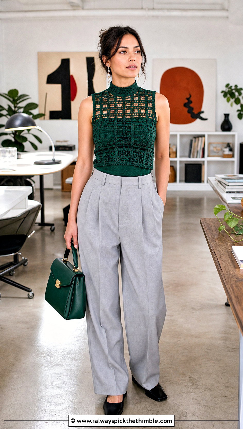 High Neck Filet Crochet Vest With Pleated Trousers - 25 filet crochet vest outfit ideas