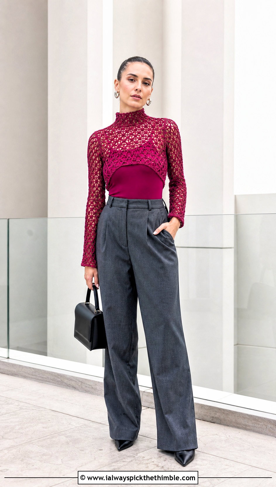 High Neck Fishnet Shrug With Wide Leg Suit Pants - 25 crochet fishnet shrug outfit ideas