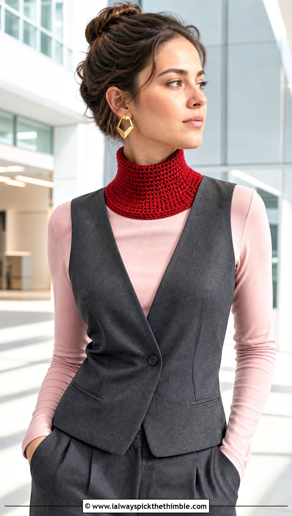 High Neck Fitted Crochet Cowl With Vest And Trousers - 25 crochet neck warmer cowls outfit ideas