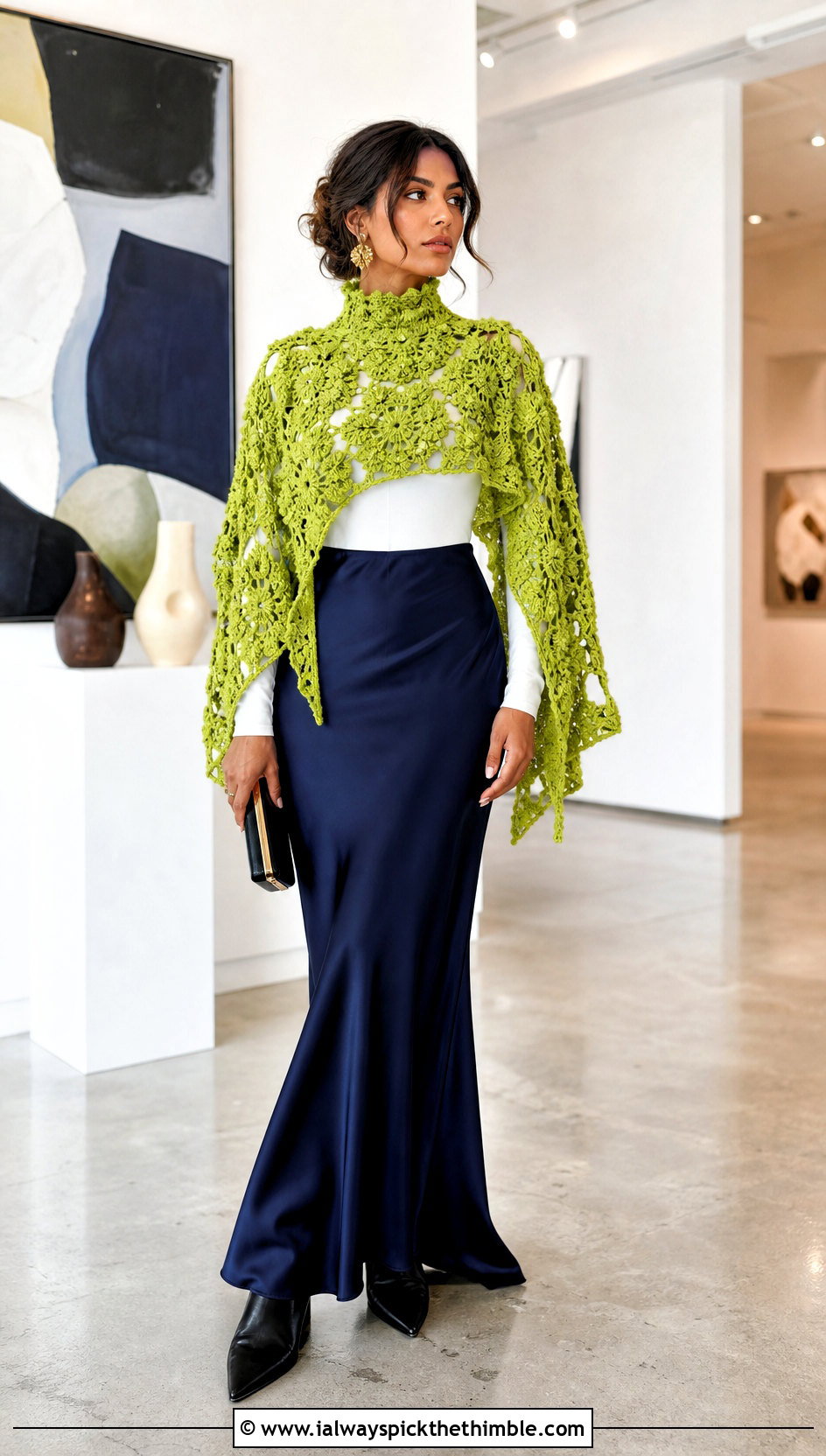 High Neck Floral Crochet Poncho With Satin Maxi Skirt - 20 Crochet Flower Poncho outfit ideas