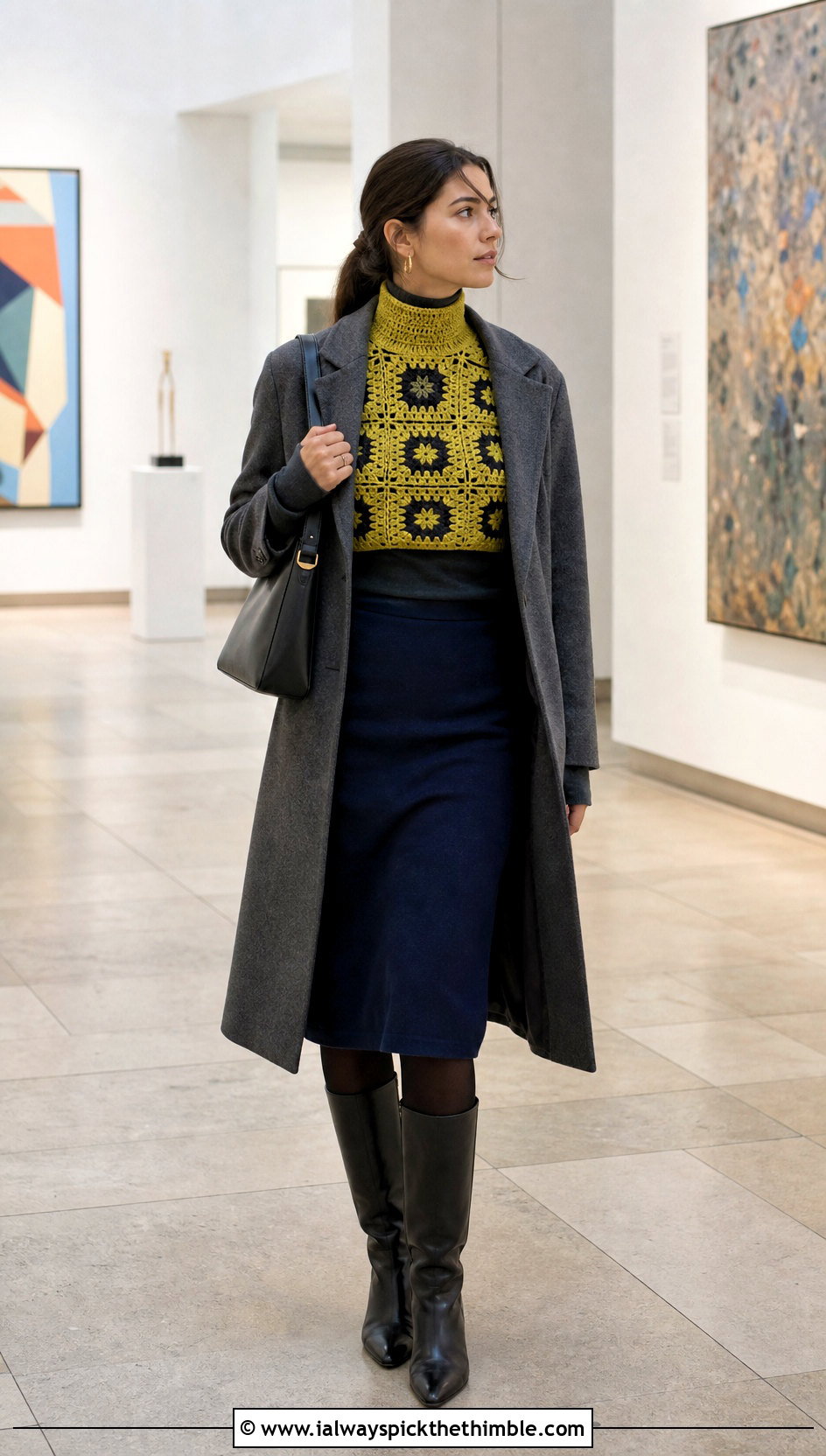 High Neck Granny Square Crop Top With Wool Midi Skirt - 20 granny square crop top outfit ideas