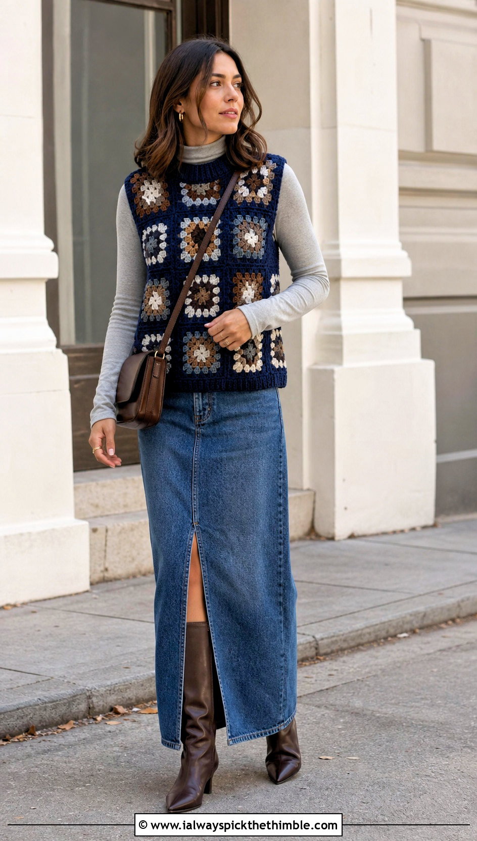 High Neck Granny Square Sweater Vest With Denim Maxi Skirt - 15 Crochet Granny Square Sweater Vest outfit ideas