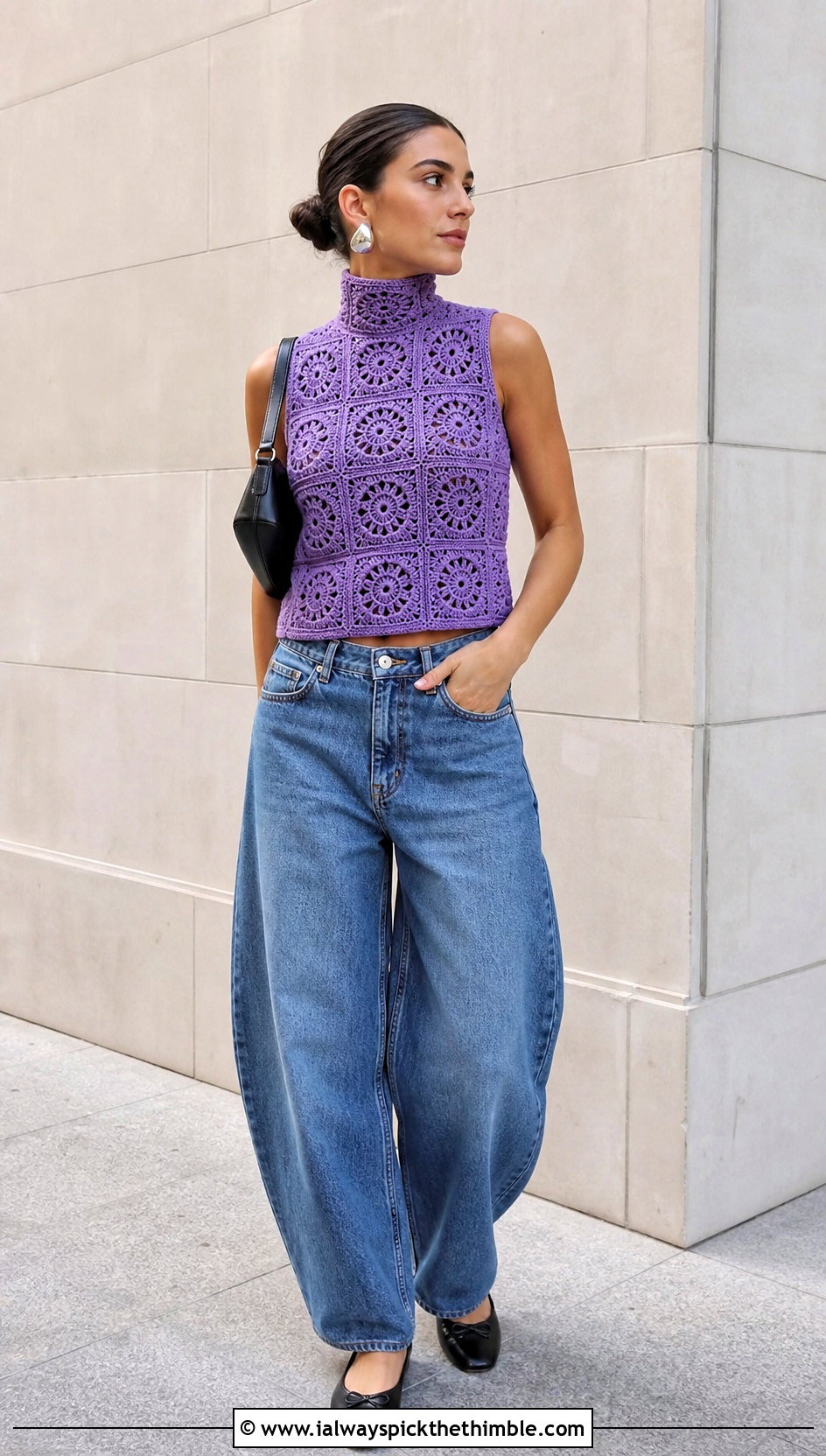 High Neck Granny Square Top With Barrel Jeans - 20 Crochet Granny Square Tops For Women outfit ideas