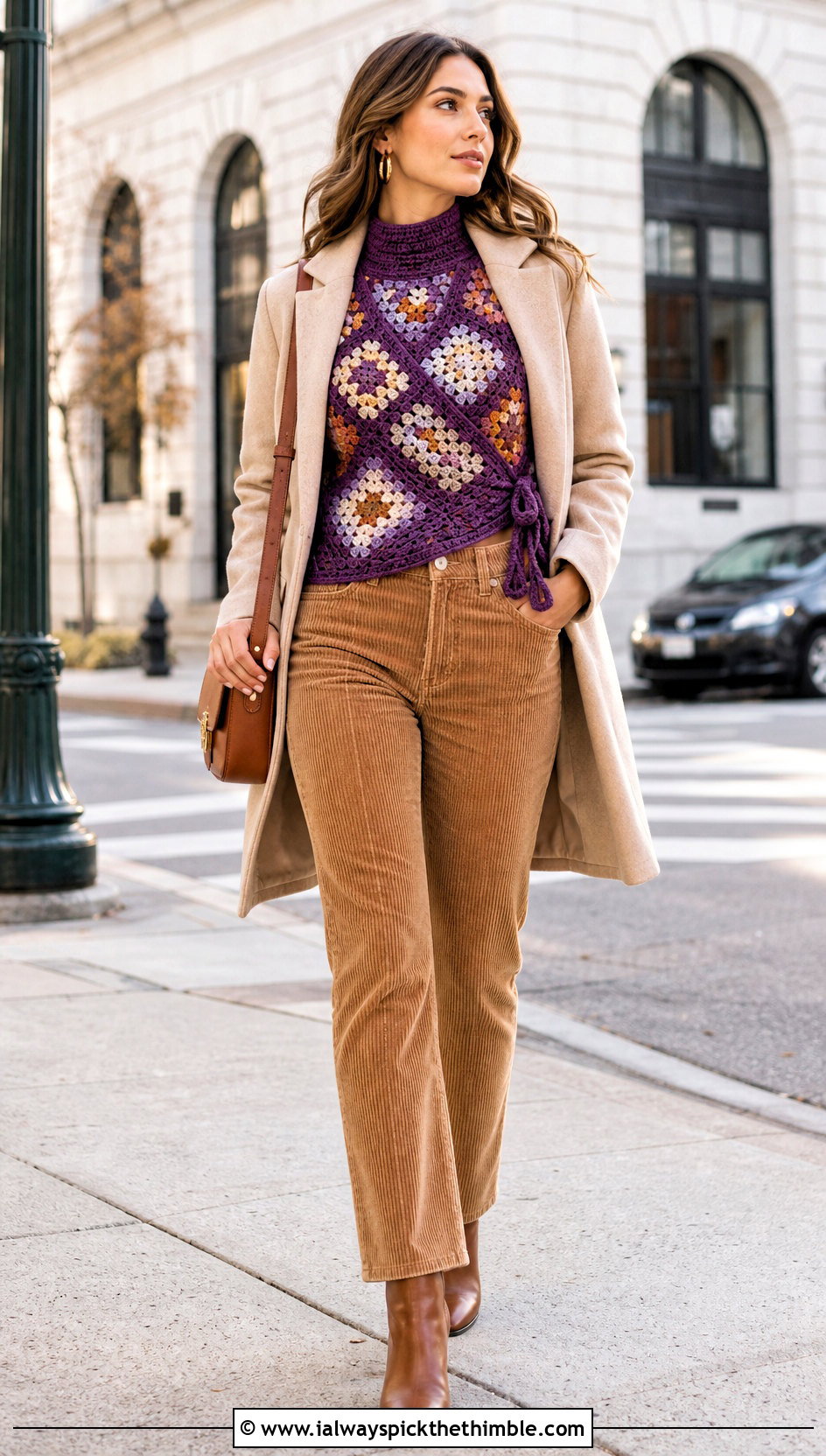 High Neck Granny Square Wrap Top With Corduroy Pants - 25 granny square wrap top outfit ideas