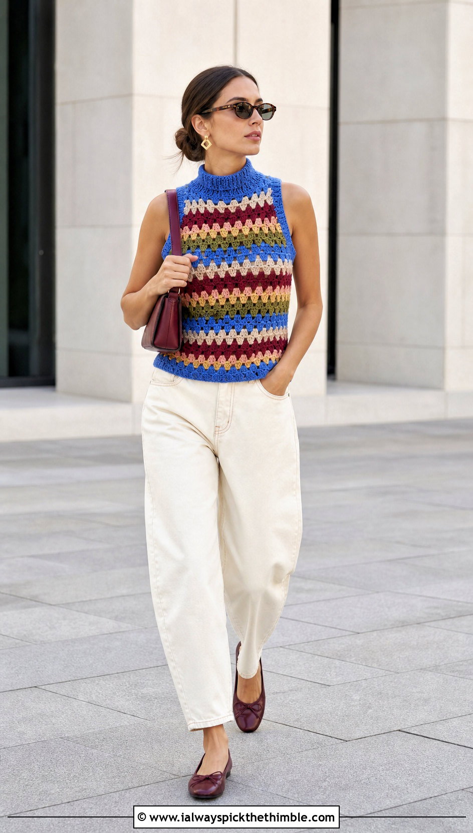 High Neck Granny Stripe Crochet Vest With Barrel Jeans - 15 granny stripe crochet vest outfit ideas