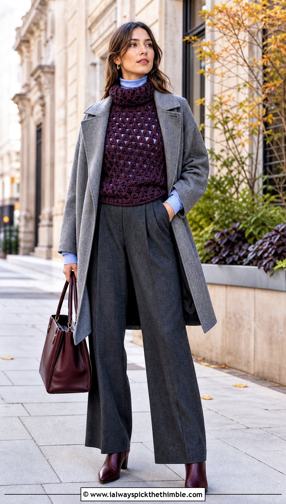 High Neck Granny Triangle Top With Wool Trousers - 20 crochet granny triangle top outfit ideas