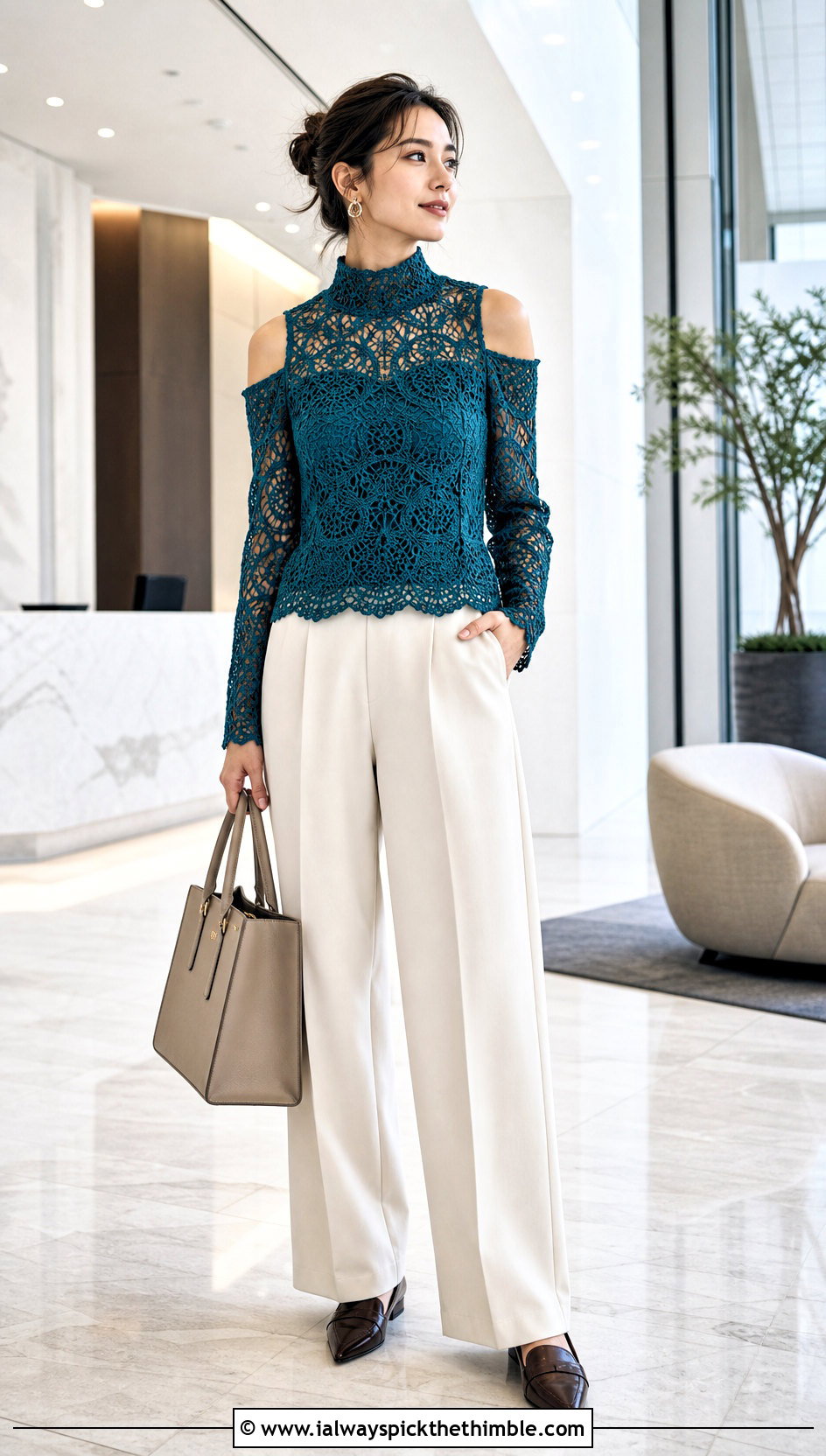 High Neck Lace Crochet Cold Shoulder Top With Wide Leg Trousers - 25 crochet cold shoulder top outfit ideas