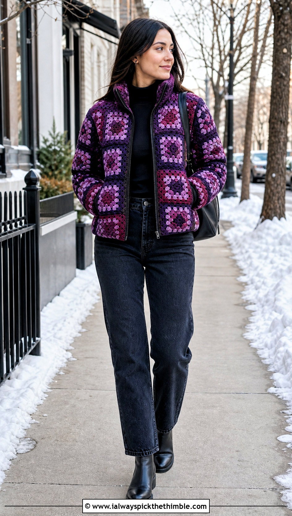 High Neck Mini Square Granny Square Puffer Jacket With Straight Jeans - 15 granny square puffer jacket outfit ideas