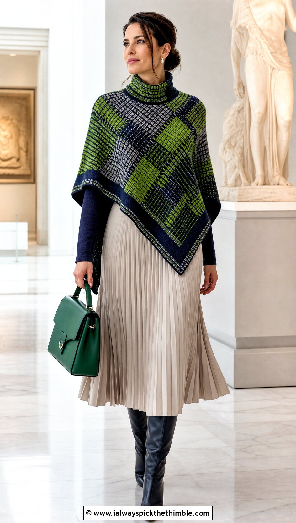 High Neck Mosaic Poncho With Pleated Midi Skirt - 15 Mosaic Crochet Poncho outfit ideas
