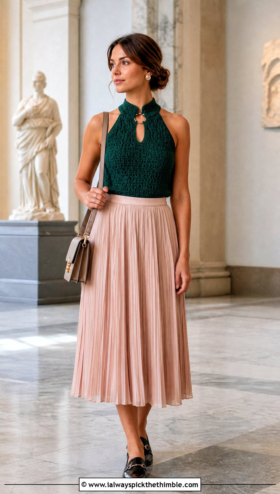 High Neck O Ring Crochet Top With Pleated Midi Skirt - 20 Crochet Top With Metal Ring outfit ideas