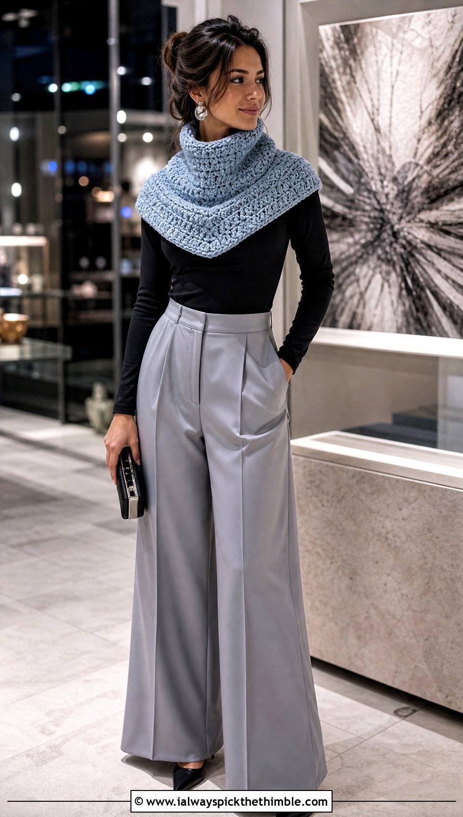High Neck Snood Huntress Crochet Cowl With Wide Leg Trousers - 15 huntress crochet cowl outfit ideas