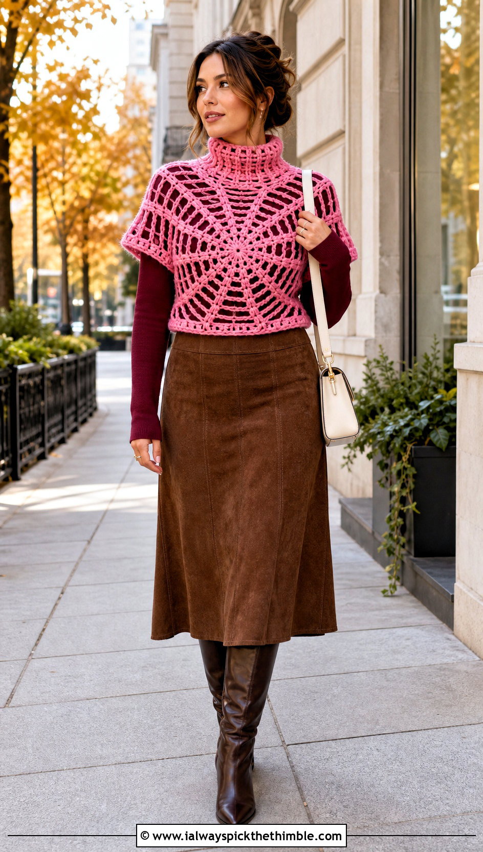 High Neck Spider Crochet Top With Suede Midi Skirt - 25 spider crochet top outfit ideas