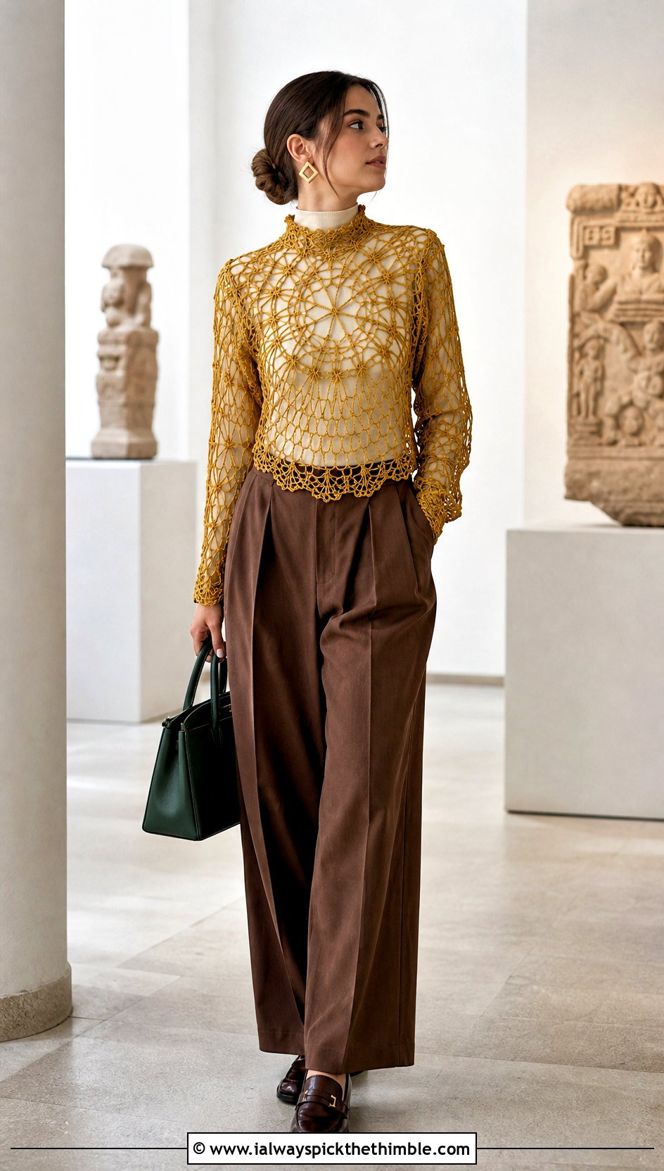 High Neck Spiderweb Crochet Top With Pleated Trousers - 25 spiderweb crochet top outfit ideas