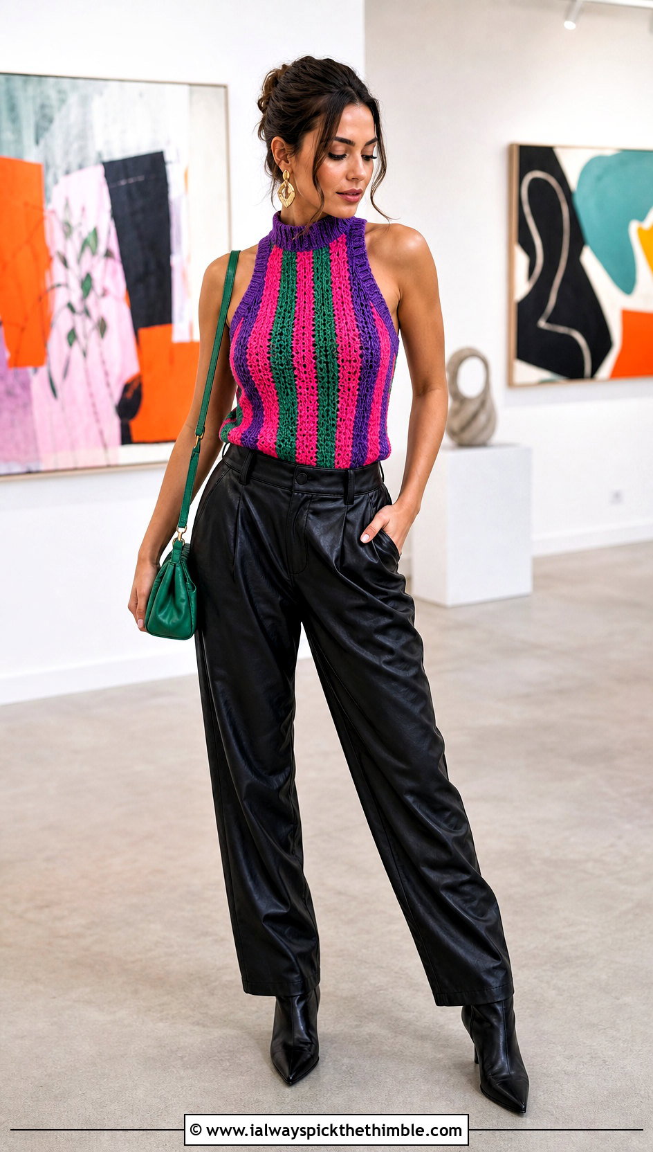 High Neck Striped Crochet Tank Top With Leather Pants - 15 colorful striped crochet tank top outfit ideas