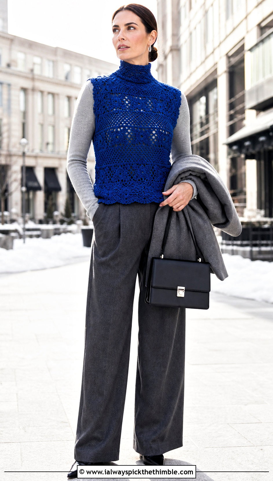 High Neck Vintage Crochet Vest With Wool Trousers - 20 Vintage Crochet Vest outfit ideas