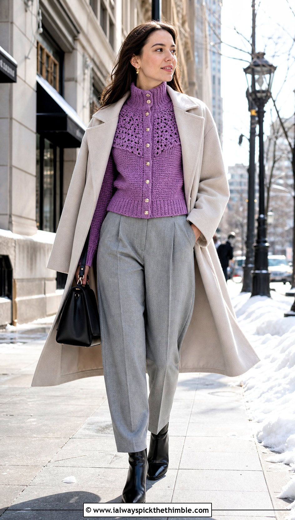 High Neck Yoke Cardigan With Wool Trousers - 20 Crochet Yoke Cardigan outfit ideas