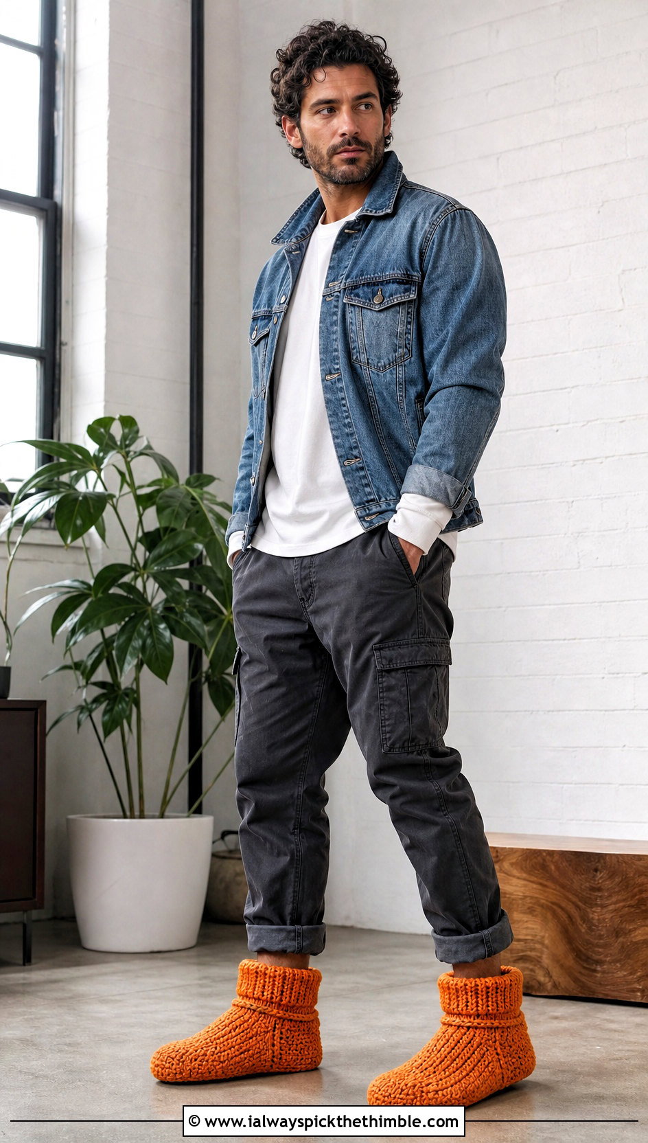 High Top Crochet Bootie Slippers With Denim Jacket - 20 easy mens crochet slippers outfit ideas