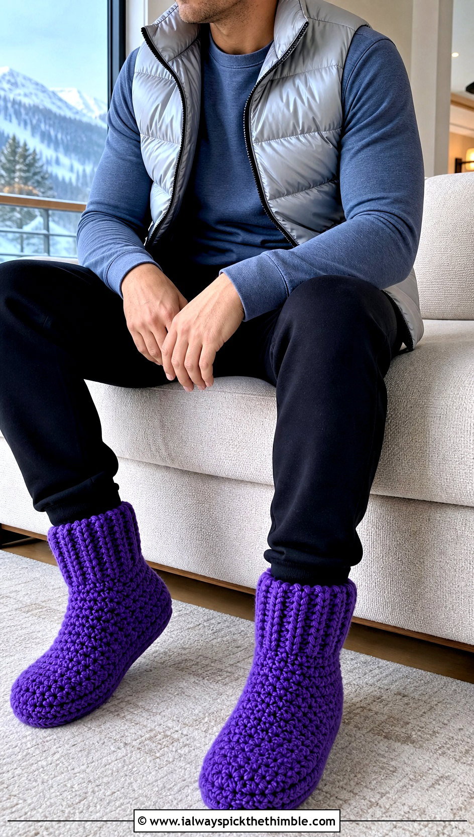 High Top Crochet Slipper Boots With Puffer Vest - 20 crochet men's slippers outfit ideas