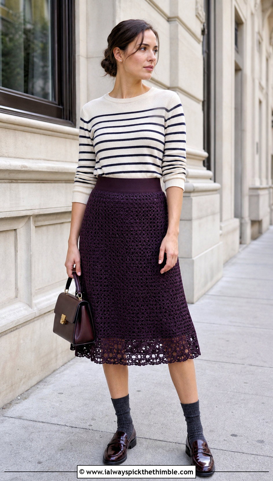 High Waist Crochet Maid Skirt With Striped Sweater - 15 Crochet Maid Skirt outfit ideas