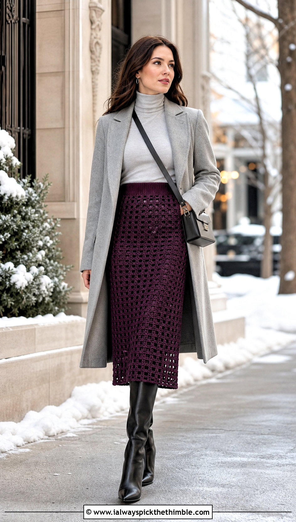 High Waist Filet Crochet Column Skirt With Turtleneck - 25 Filet Crochet Skirt outfit ideas