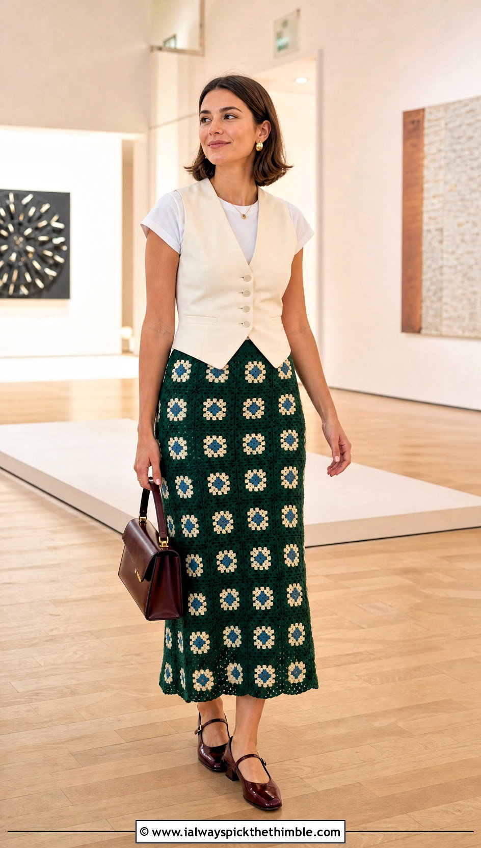 High Waist Granny Square Midi Skirt With Waistcoat And Mary Janes - 25 crochet granny skirt outfit ideas