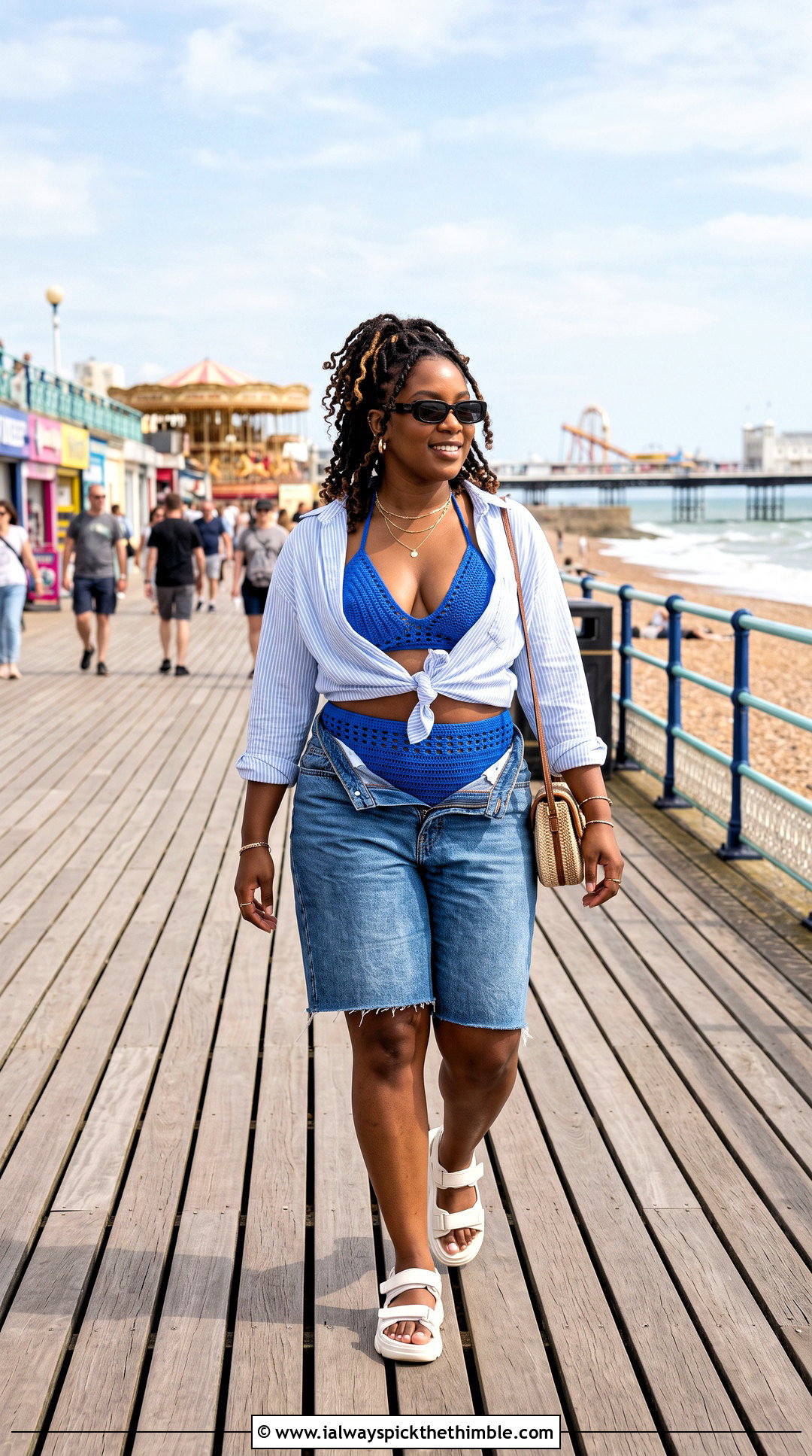 High Waisted Crochet Bikini With Denim Bermuda Shorts - 20 black women crochet swimwear outfit ideas