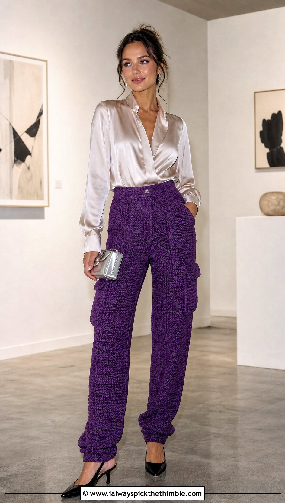 High Waisted Crochet Cargo Pants With Satin Blouse - 25 crochet cargo pants outfit ideas