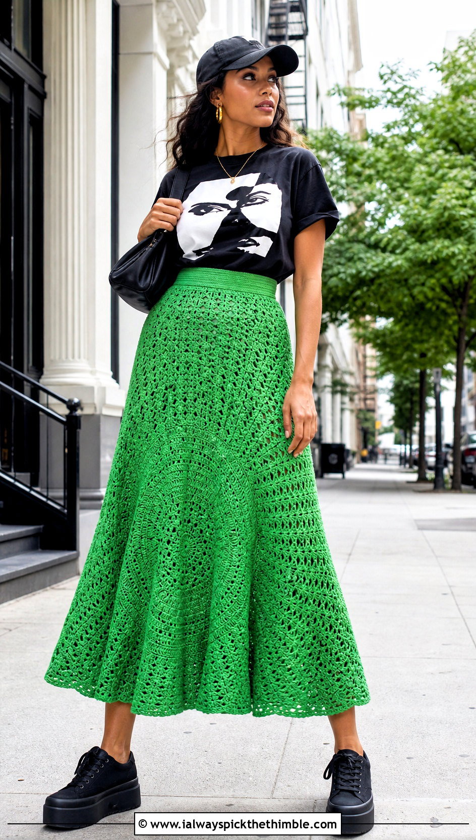 High Waisted Crochet Circle Skirt With Graphic T Shirt - 20 crochet circle skirt outfit ideas