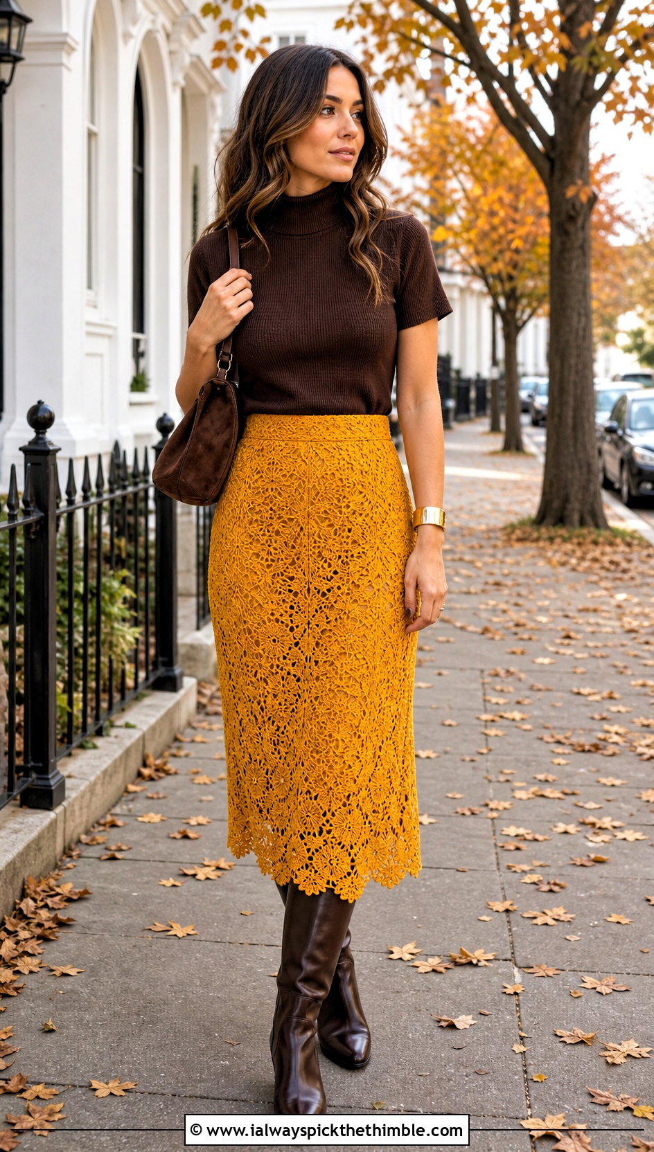 High Waisted Crochet Lace Skirt With Mock Neck Top - 25 crochet lace skirt outfit ideas