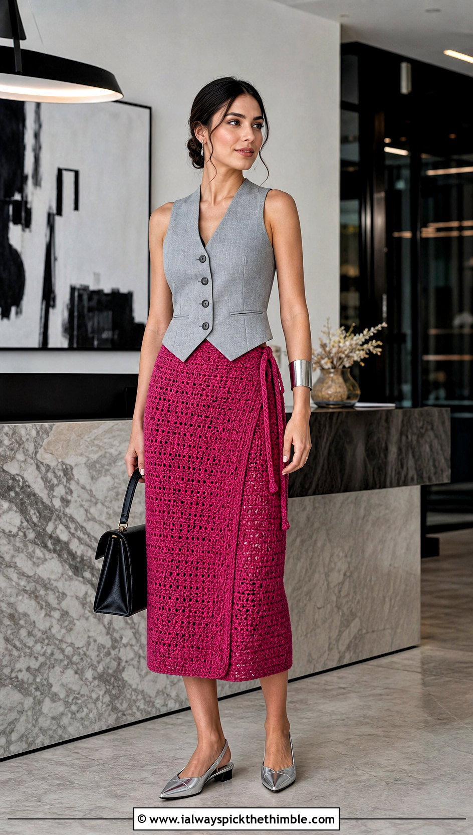 High Waisted Crochet Wrap Skirt With Tailored Vest - 25 crochet wrap skirt outfit ideas