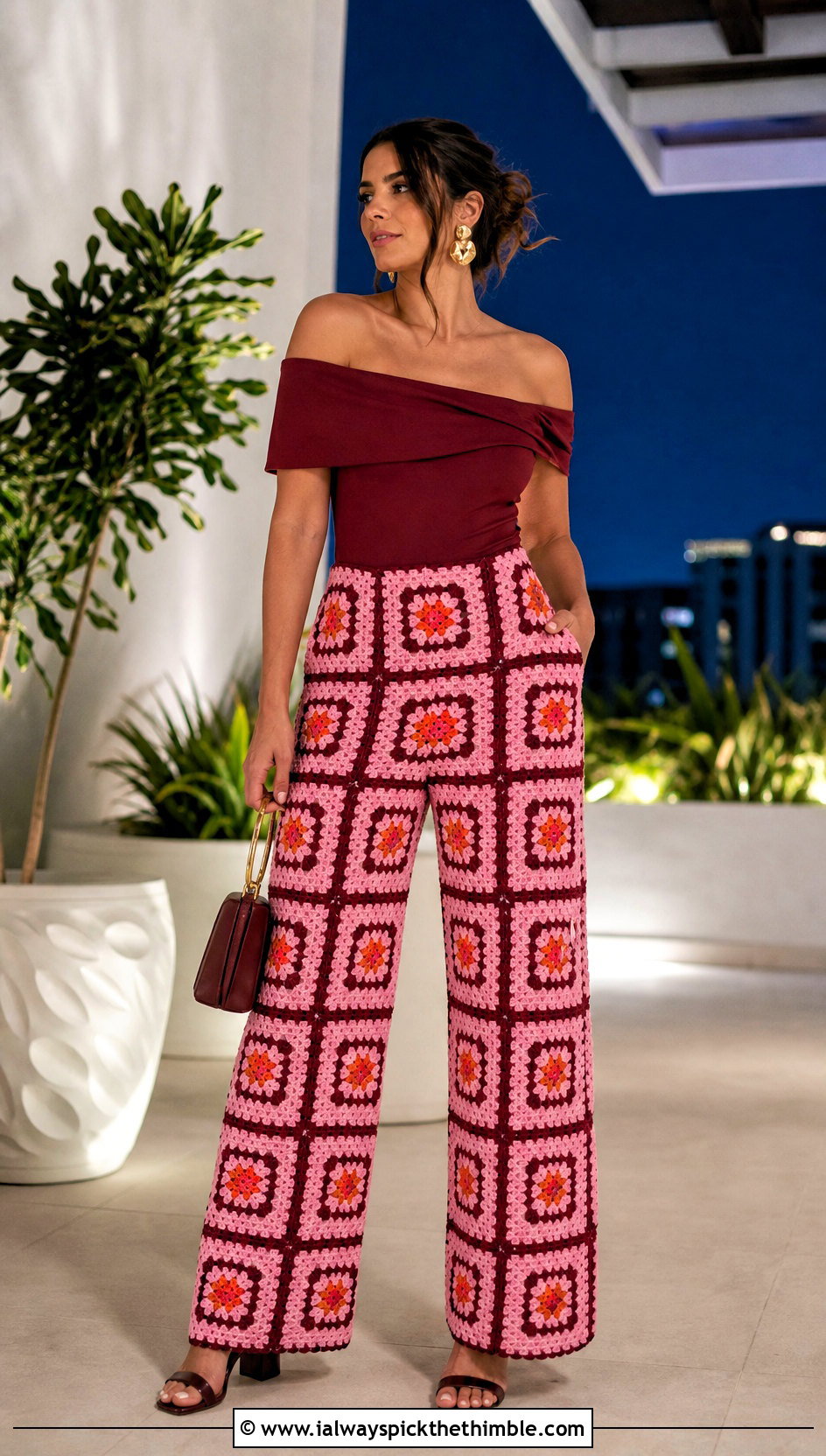 High Waisted Granny Square Trousers With Off Shoulder Top - 25 granny square trousers outfit ideas