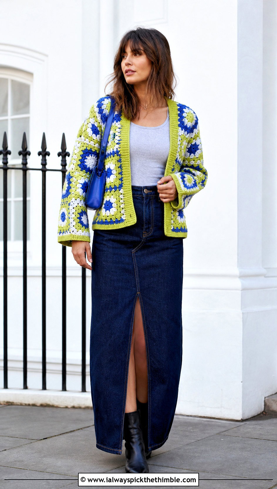 Hip Length Sunburst Granny Square Cardigan With Denim Maxi Skirt - 25 sunburst granny square cardigan outfit ideas