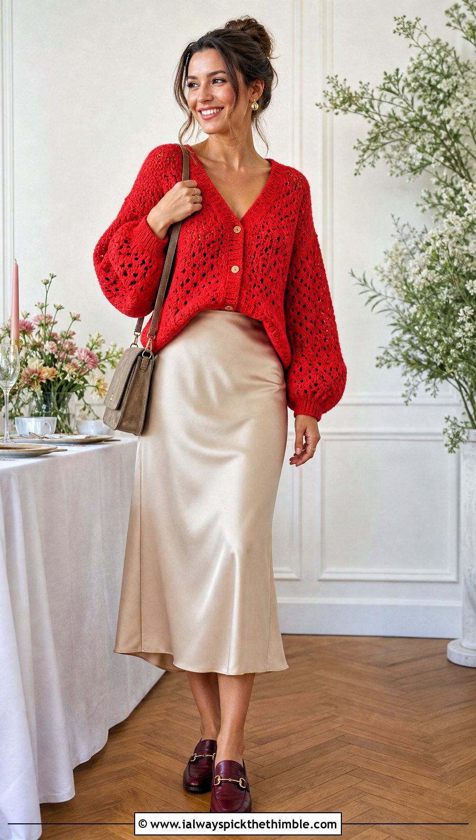 Hippie Balloon Sleeve Crochet Cardigan With Satin Midi Skirt - 15 hippie crochet cardigan outfit ideas