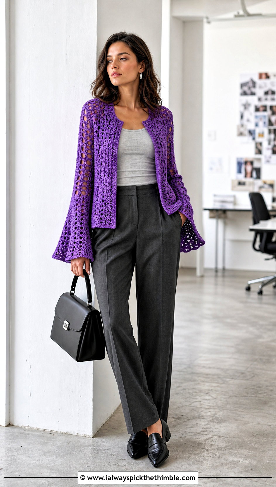 Hippie Bell Sleeve Crochet Cardigan With Tailored Trousers - 15 hippie crochet cardigan outfit ideas