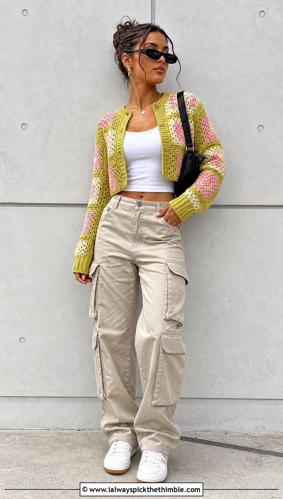 Hippie Cropped Patchwork Crochet Cardigan With Cargo Pants - 15 hippie crochet cardigan outfit ideas