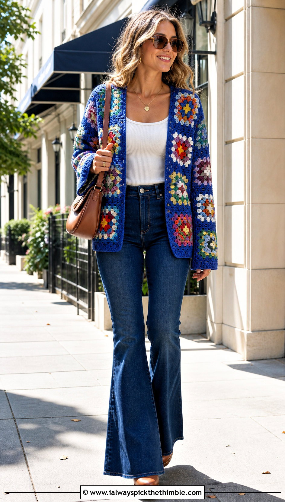 Hippie Granny Square Crochet Cardigan With Flared Jeans - 15 hippie crochet cardigan outfit ideas