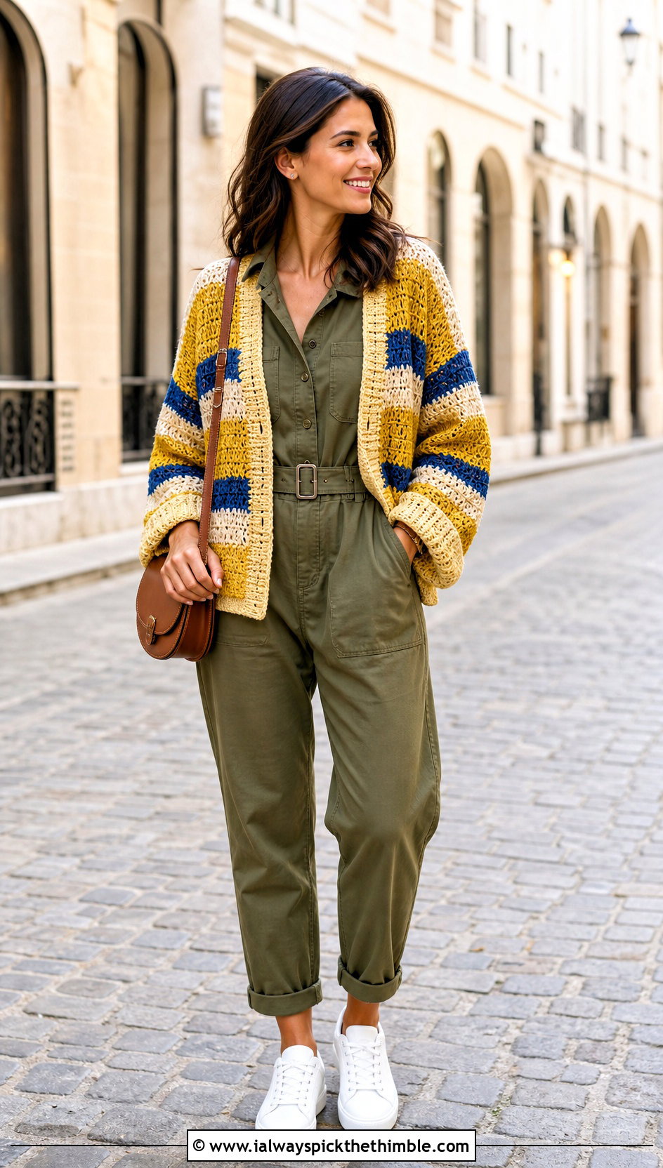 Hippie Striped Crochet Cardigan With Utility Jumpsuit - 15 hippie crochet cardigan outfit ideas